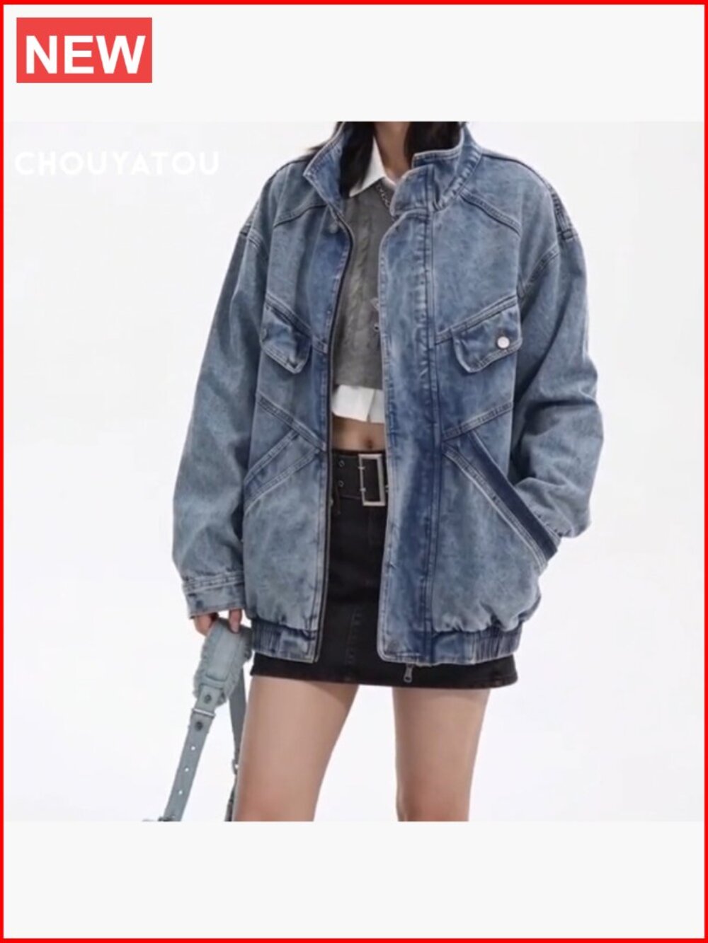 Oversized Stand Collar Shacket Jean Jacket Zip Up Distressed Frayed Denim Coat - Picture 7 of 7